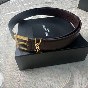 Yves Saint Laurent Leather Belt 34” / 85cm Brown with Gold Buckle 💎